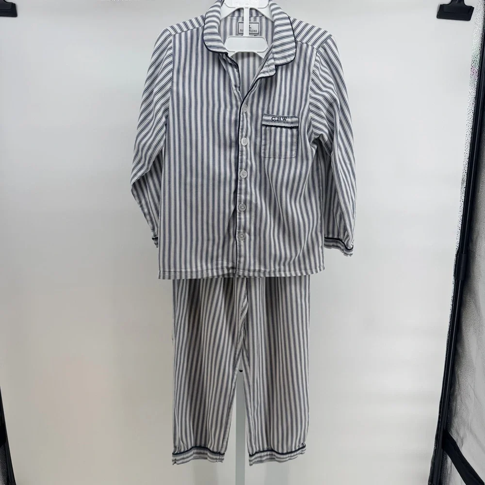 Petite Plume Navy and White striped Pajama Set with monogram
